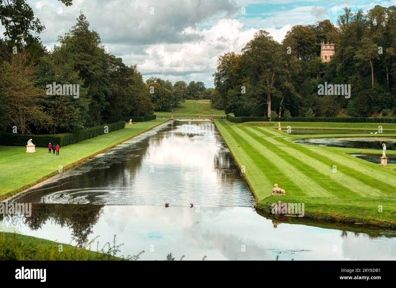 Green lawn stripes at Studley Royal Water Garden, Fountains Abbey, Ripon, North Yorkshire, UK Stock Photo