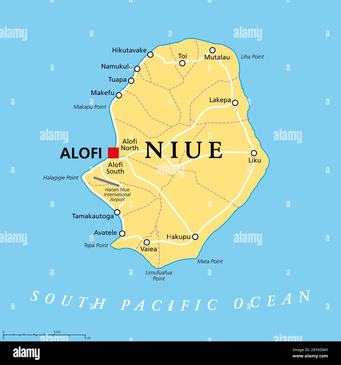 Niue, political map. Self governing island state, situated in the South Pacific Ocean, part of