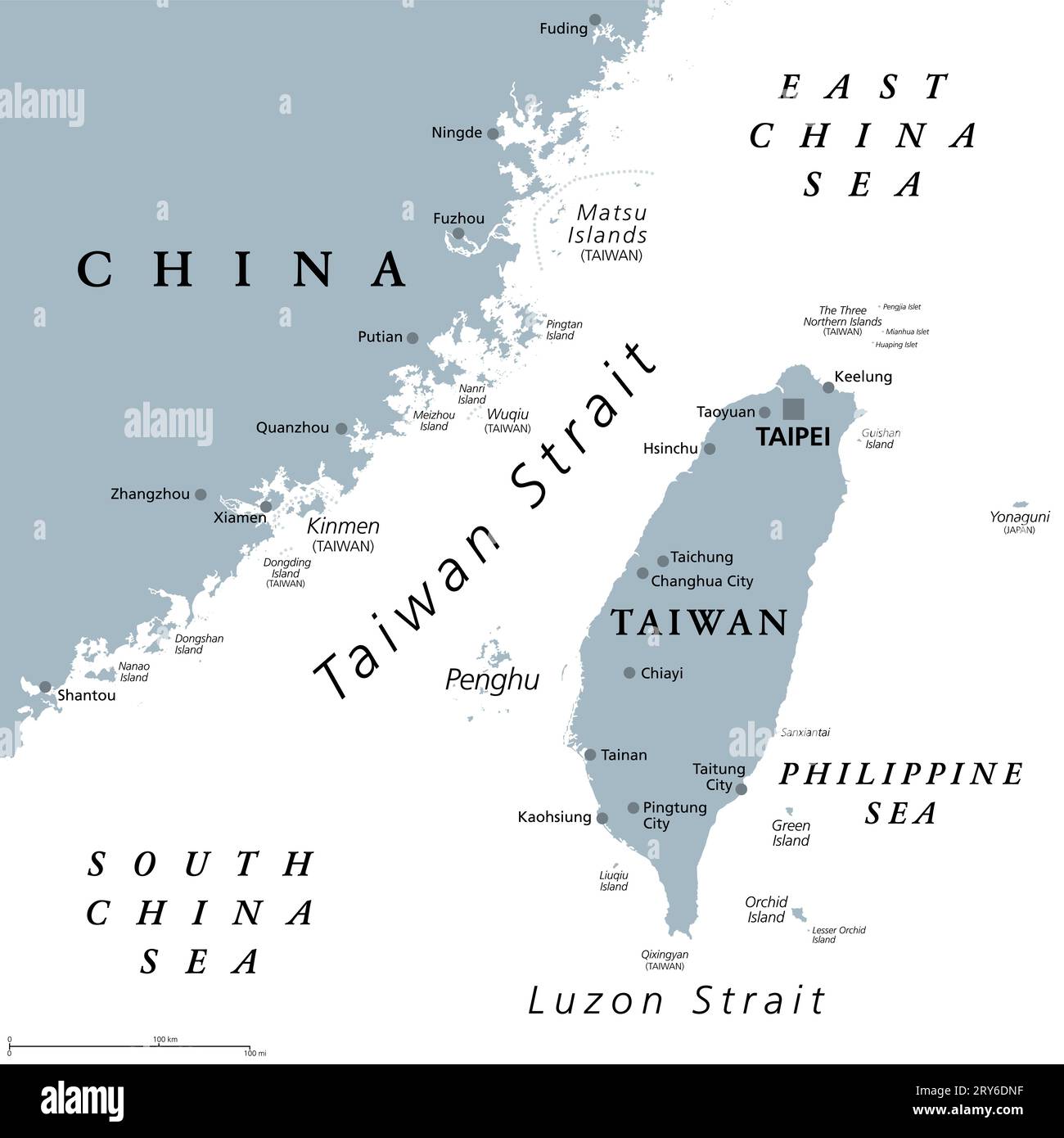Taiwan Strait, gray political map. Important waterway and disputed international waters, separating the island of Taiwan and continental Asia. Stock Photo