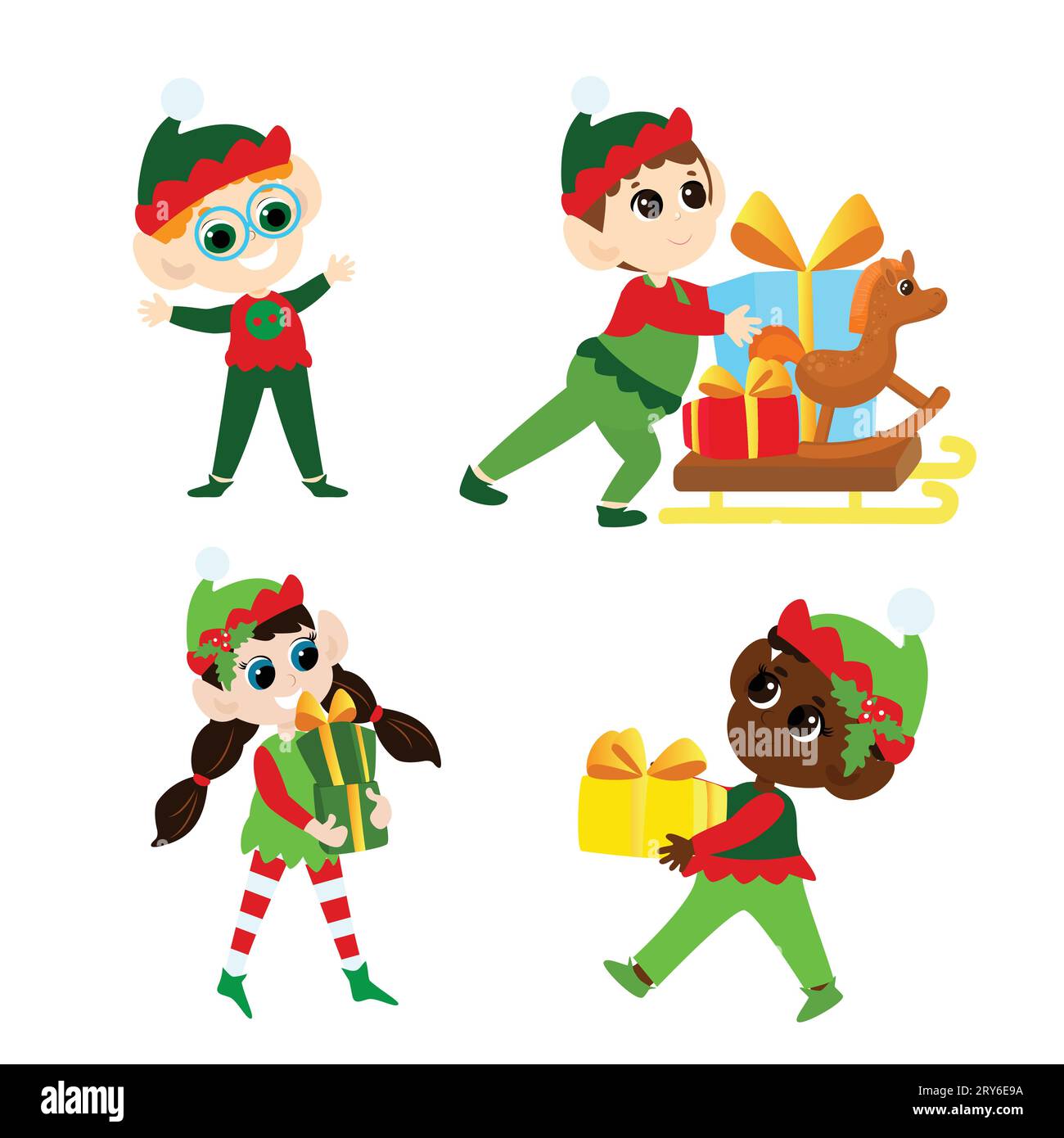Set Christmas elves. Multicultural boys and girls in traditional elf costumes. Elves are depicted with sledges and gifts. Stock Vector