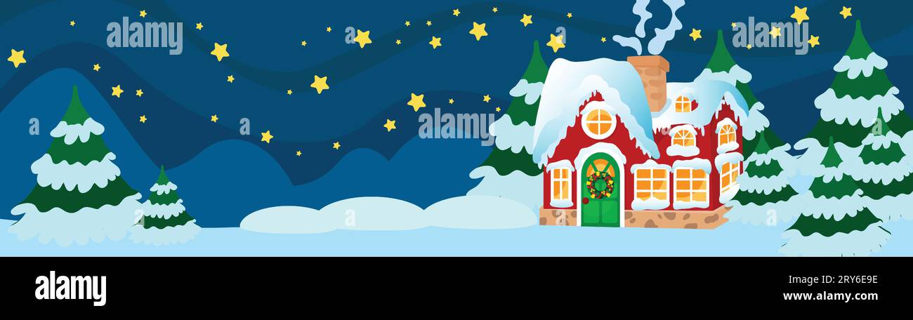 Night or evening on the eve of Christmas and a cozy house among fir trees. Christmas trees and the roof are covered with snow. Stock Vector