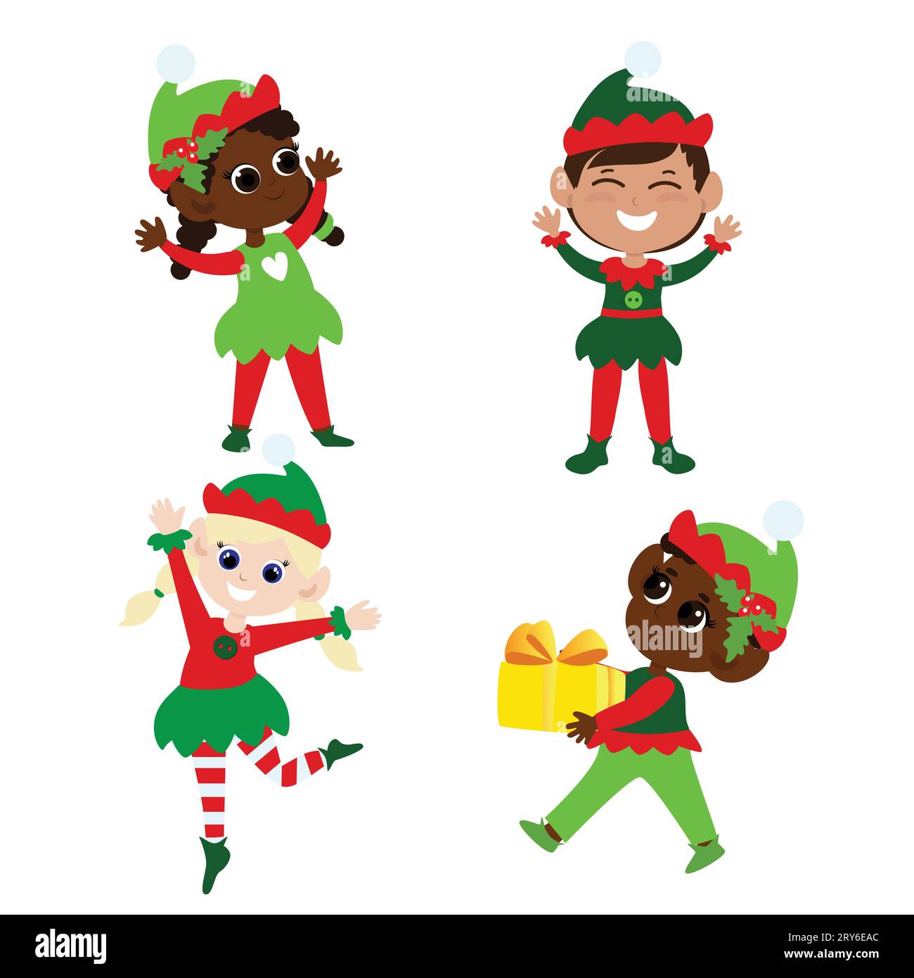 Set Christmas elves. Christmas collection multicultural boys and girls in traditional elf costumes. They dance, smile, bring gifts. Stock Vector