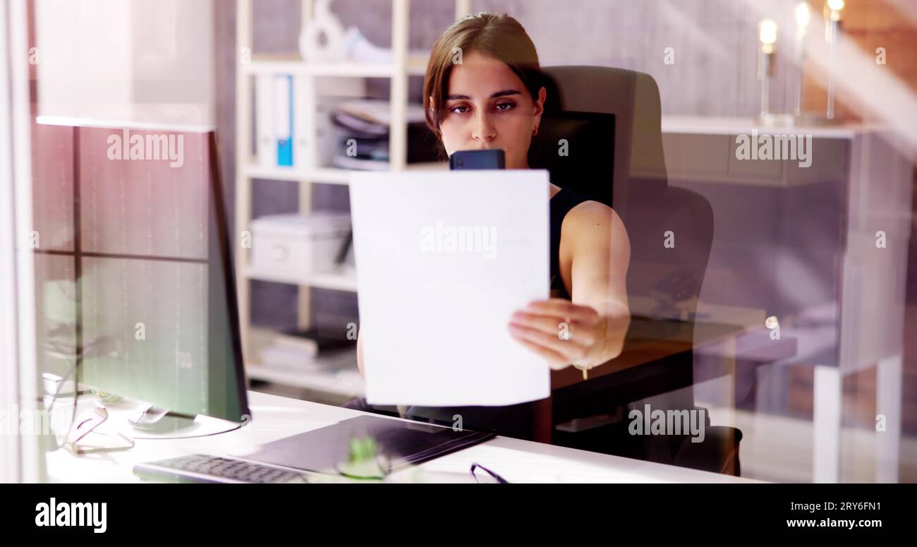 Taking Document Picture Or Photo With Phone. Smartphone Optical Document Stock Photo