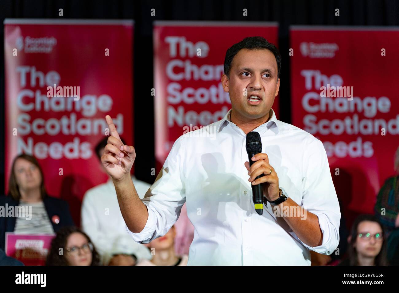 Hamilton, Scotland, UK. 29th September 2023.  Leader of the Labour Party, Sir Keir Starmer, joined Anas Sarwar, Michael Shanks and Jackie Baillie for a Scottish Labour rally ahead of the Rutherglen and Hamilton West by-election next week. The Scottish Labour Party is hoping to take the seat from the SNP.  Pic; Scottish Labour leader Anas Sarwar.  Iain Masterton/Alamy Live News Stock Photo