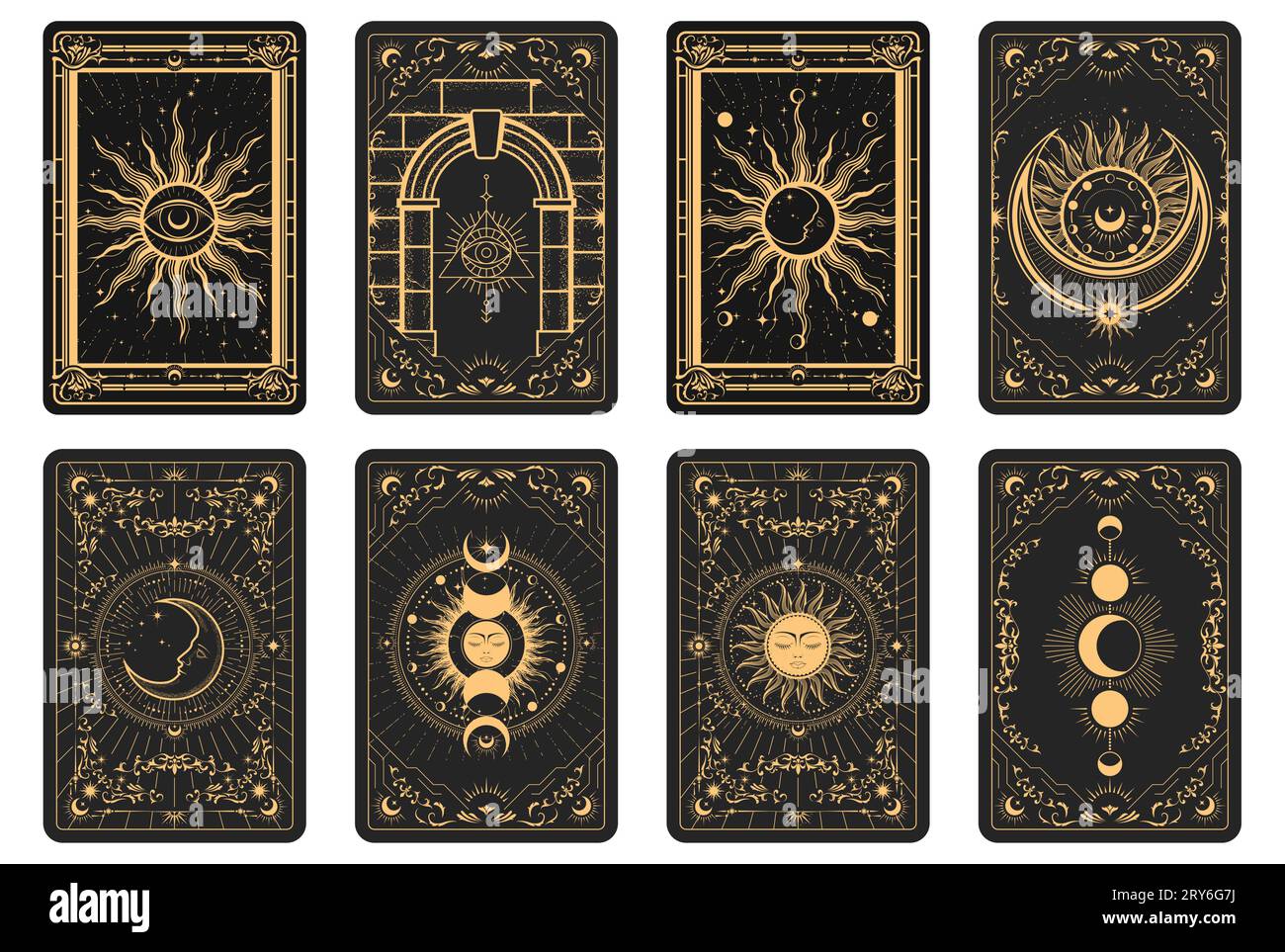 Tarot cards batch reverse side, magic frame with esoteric patterns and mystic symbols, sun and moon sorcery, vector Stock Vector
