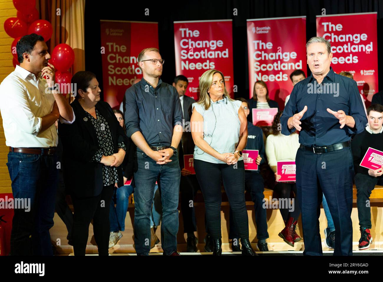 Hamilton, Scotland, UK. 29th September 2023.  Leader of the Labour Party, Sir Keir Starmer, joined Anas Sarwar, Michael Shanks and Jackie Baillie for a Scottish Labour rally ahead of the Rutherglen and Hamilton West by-election next week. The Scottish Labour Party is hoping to take the seat from the SNP.   Iain Masterton/Alamy Live News Stock Photo