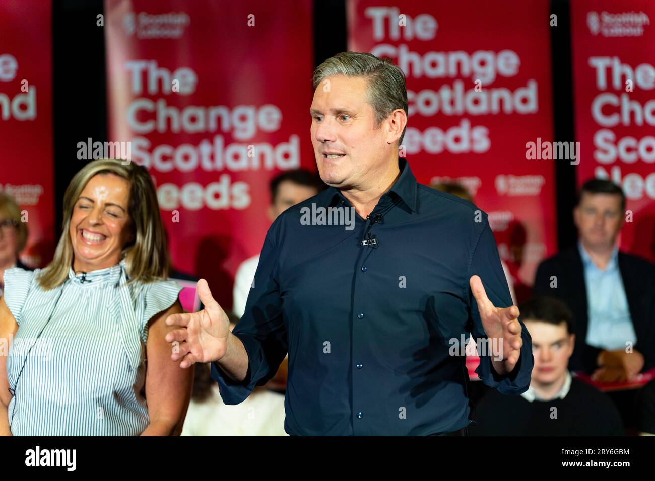 Hamilton, Scotland, UK. 29th September 2023.  Leader of the Labour Party, Sir Keir Starmer, joined Anas Sarwar, Michael Shanks and Jackie Baillie for a Scottish Labour rally ahead of the Rutherglen and Hamilton West by-election next week. The Scottish Labour Party is hoping to take the seat from the SNP.  Pic; Sir Keir Starmer. Iain Masterton/Alamy Live News Stock Photo