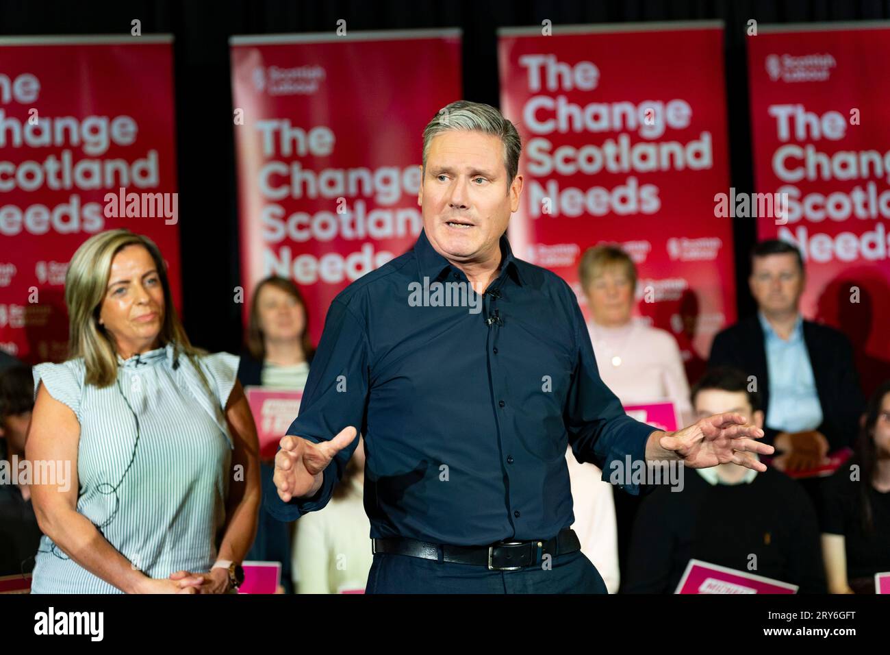 Hamilton, Scotland, UK. 29th September 2023.  Leader of the Labour Party, Sir Keir Starmer, joined Anas Sarwar, Michael Shanks and Jackie Baillie for a Scottish Labour rally ahead of the Rutherglen and Hamilton West by-election next week. The Scottish Labour Party is hoping to take the seat from the SNP.  Pic; Sir Keir Starmer. Iain Masterton/Alamy Live News Stock Photo