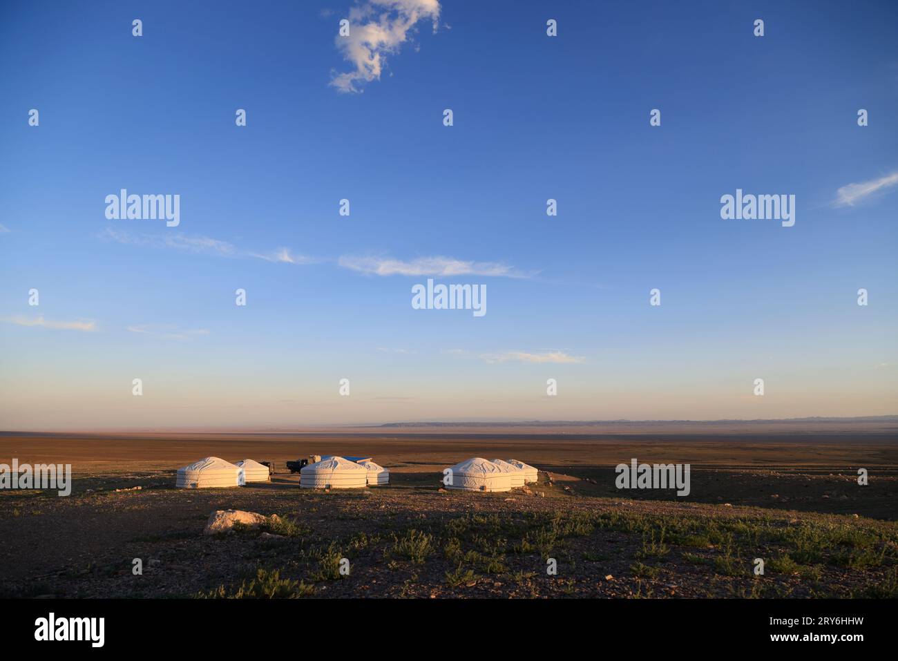 Traditional Mongolian Gers in a camp at sunset Stock Photo - Alamy
