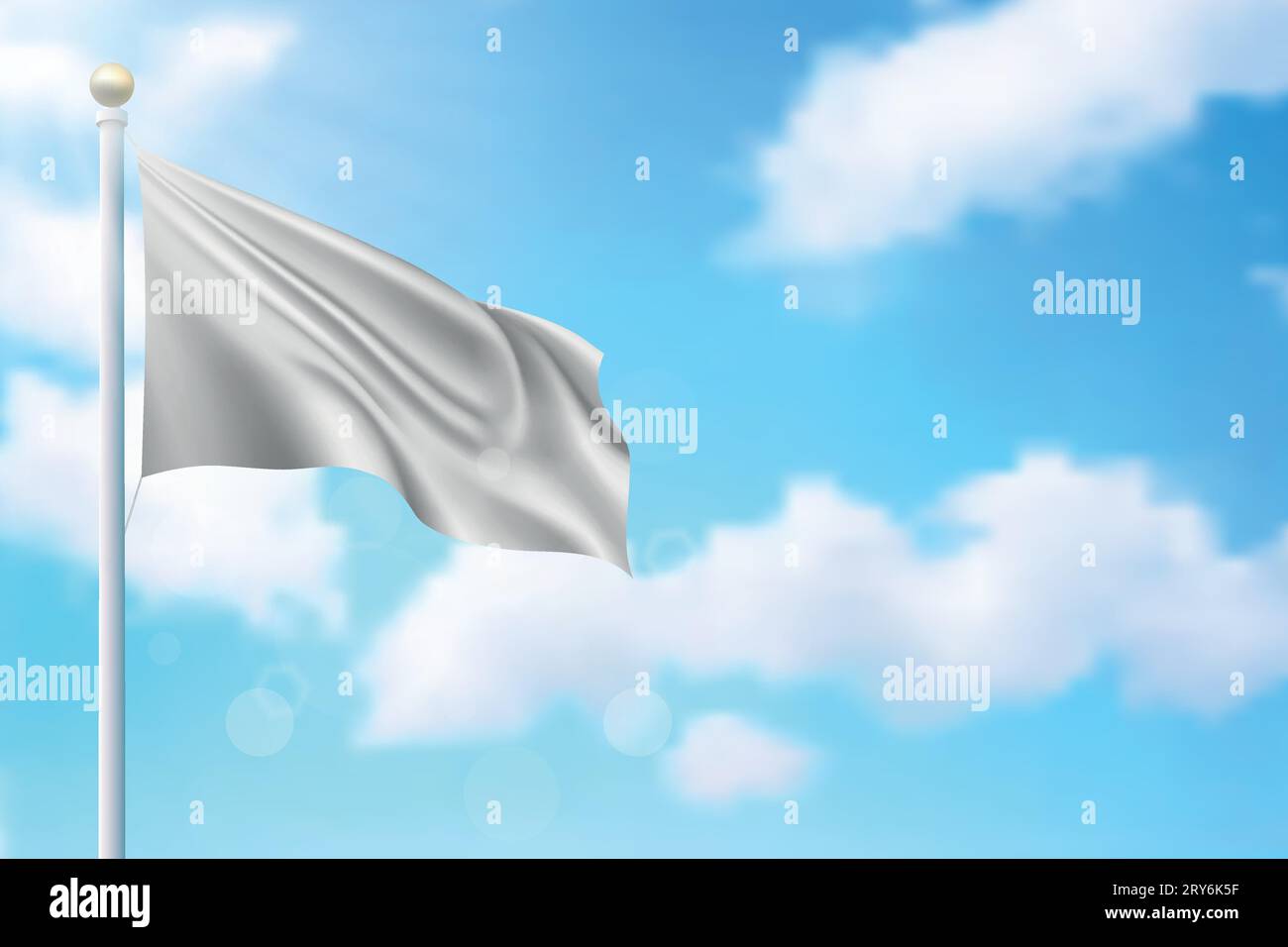 Empty blank of flag on flagpole. White waving flag template. Stock Vector