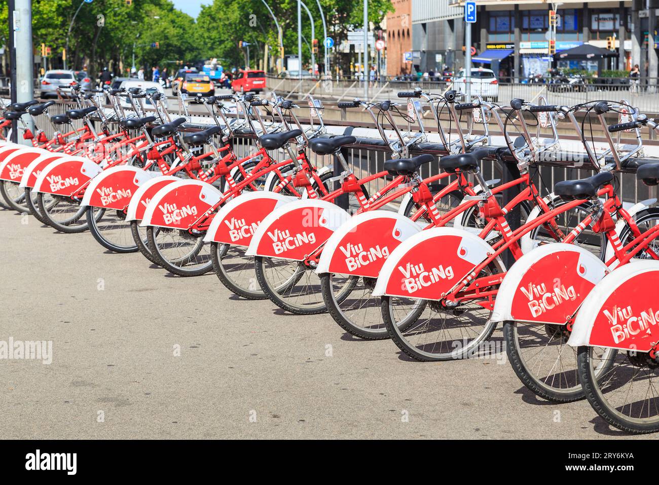 BARCELONA, SPAIN - MY 9, 2017: This is a parking for rental bikes in urban street. Stock Photo