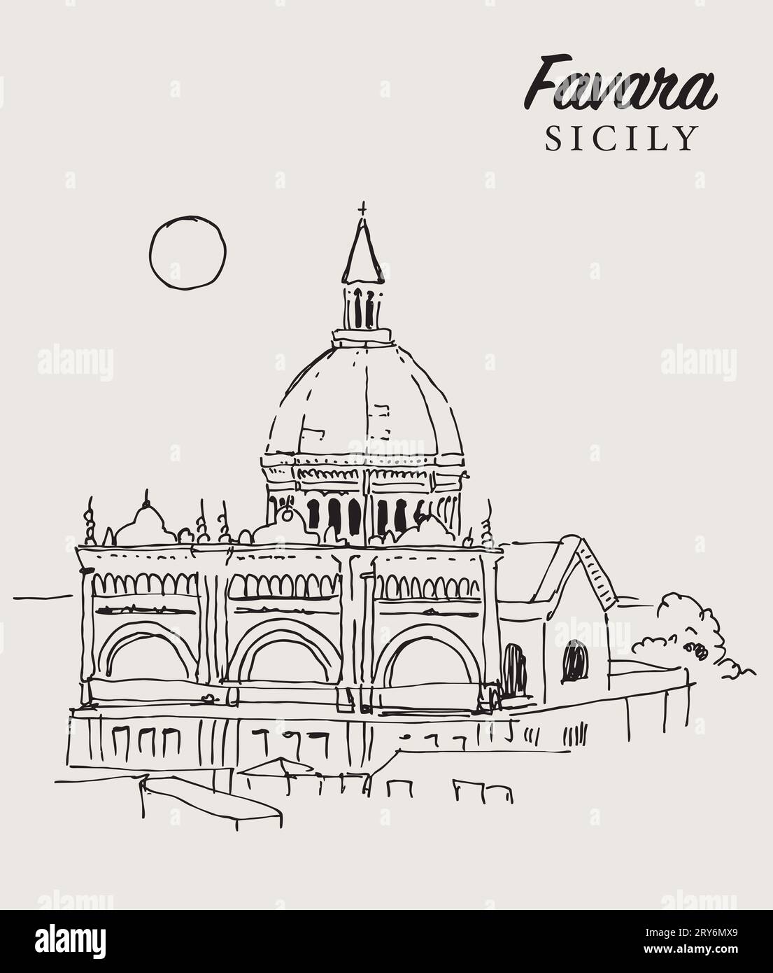 Vector hand drawn sketch illustration of the Church of Our Lady of Assumption in Favara, Sicily, Italy. Stock Photo