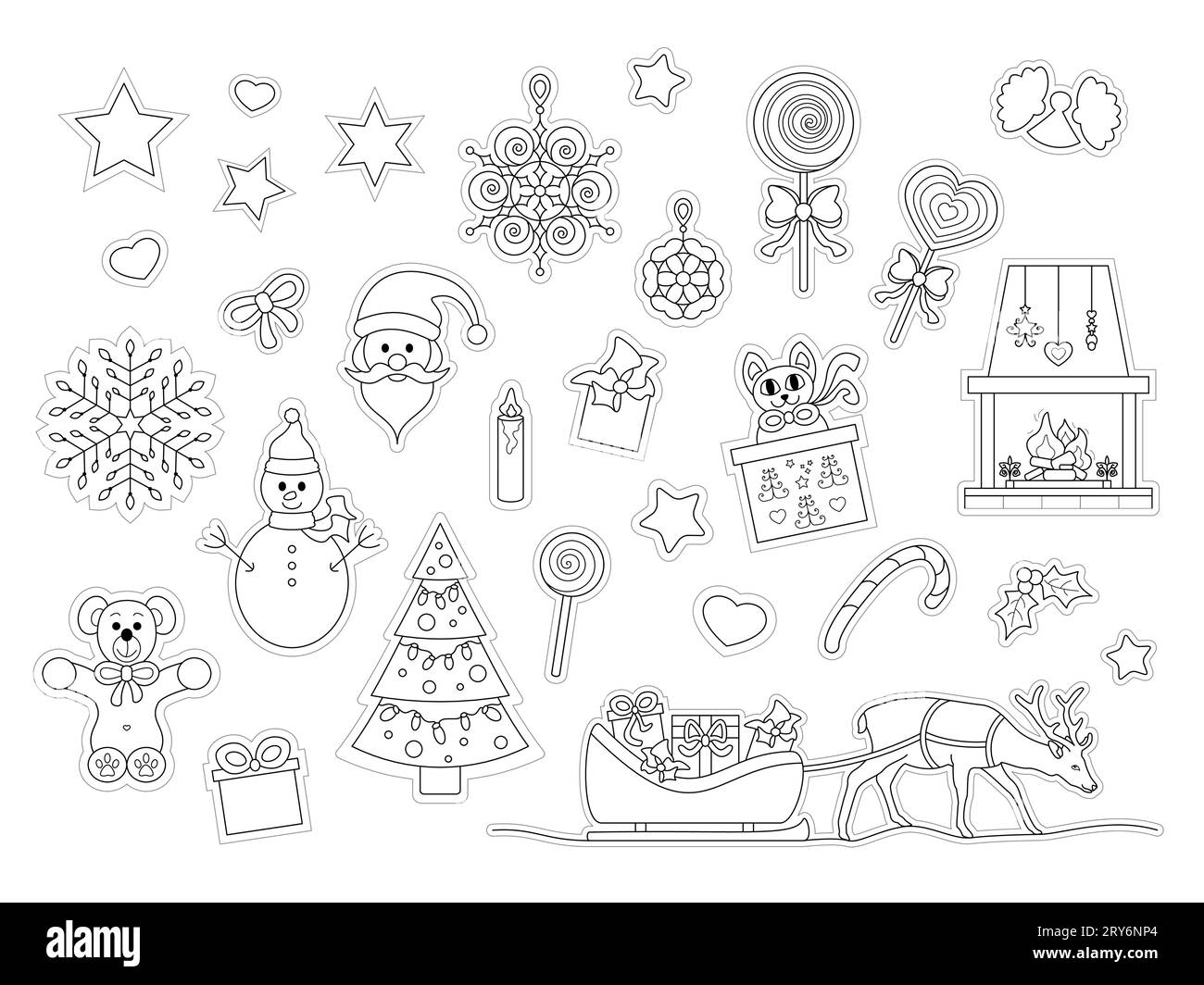 Set of characters and decor. Christmas theme. To color and cut out. Vector illustration. Stock Vector