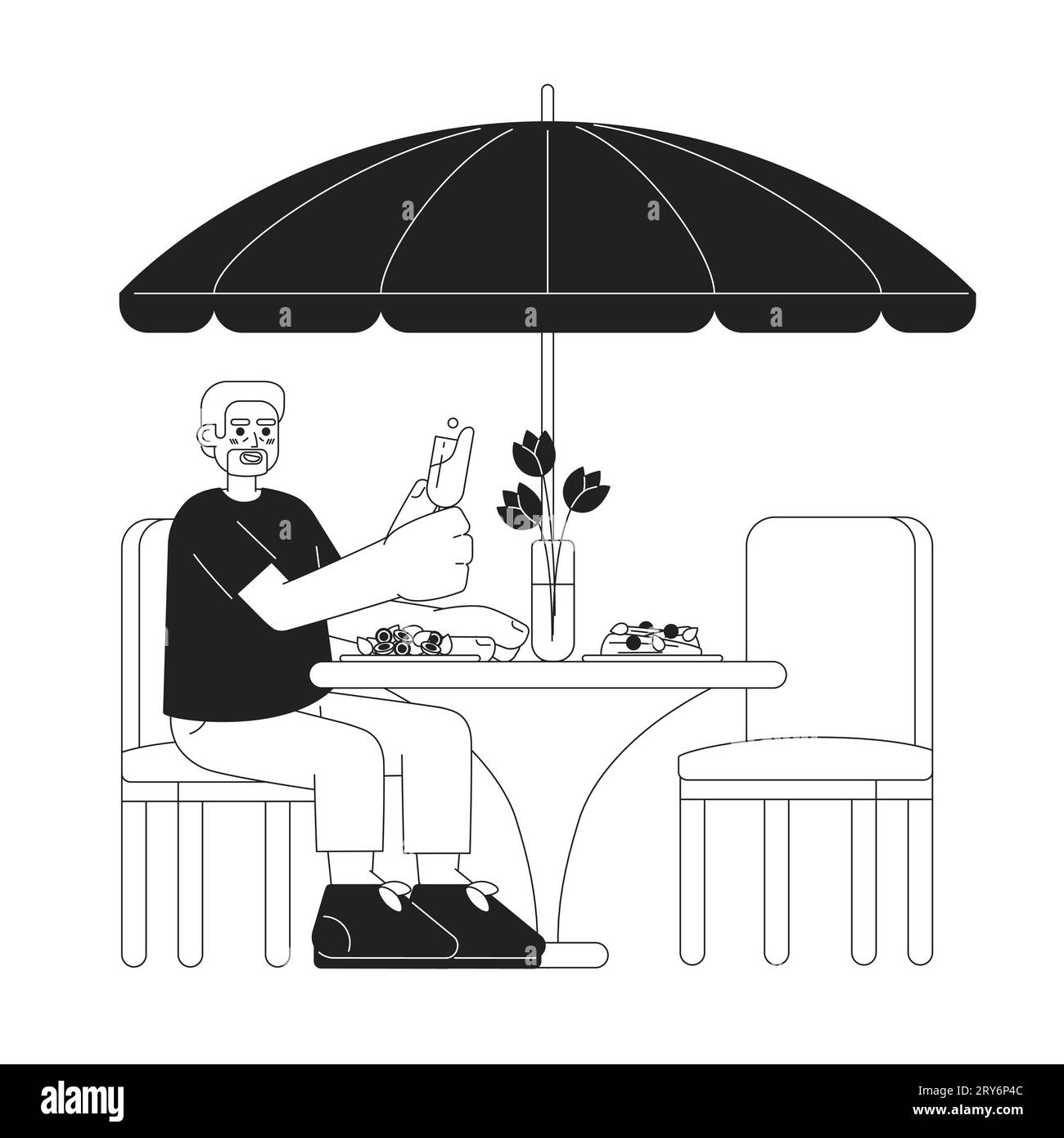 Elderly guy at patio dining restaurant black and white 2D cartoon