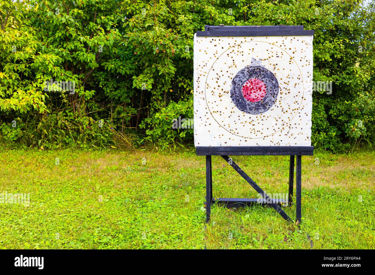 target in the park with traces of airgun bullets. bullet hole. hitting the target. shooting range Stock Photo