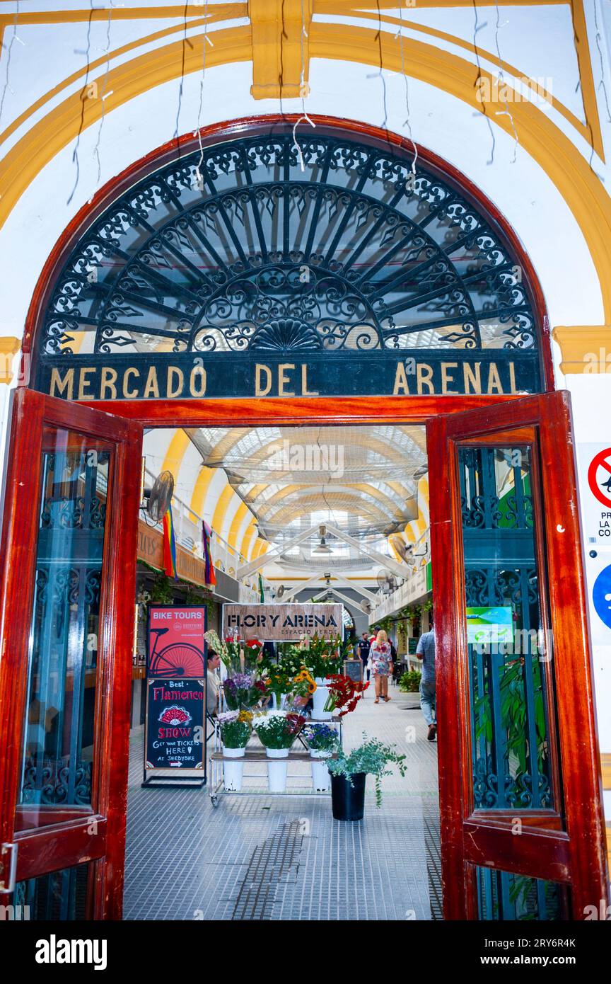 Seville, Spain, Detail, Door with Sign,  Public Food Market, 'El Arenal Market',  in Old Town Center, Looking inside from Outside Stock Photo