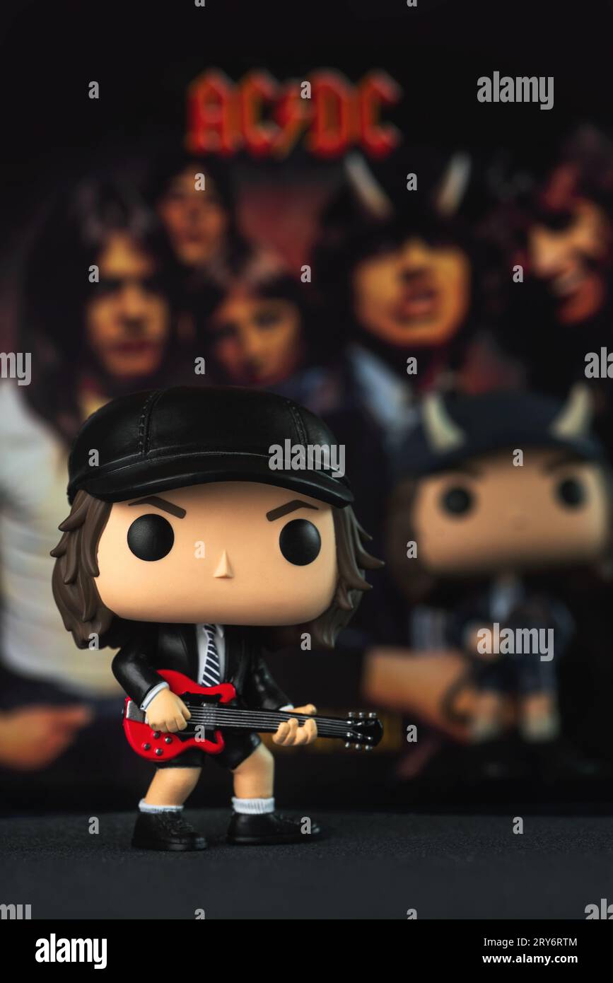 Funko POP vinyl figure of Angus Young singer of the british heavy metal group ACDC. Illustrative editorial of Funko Pop action figure Stock Photo