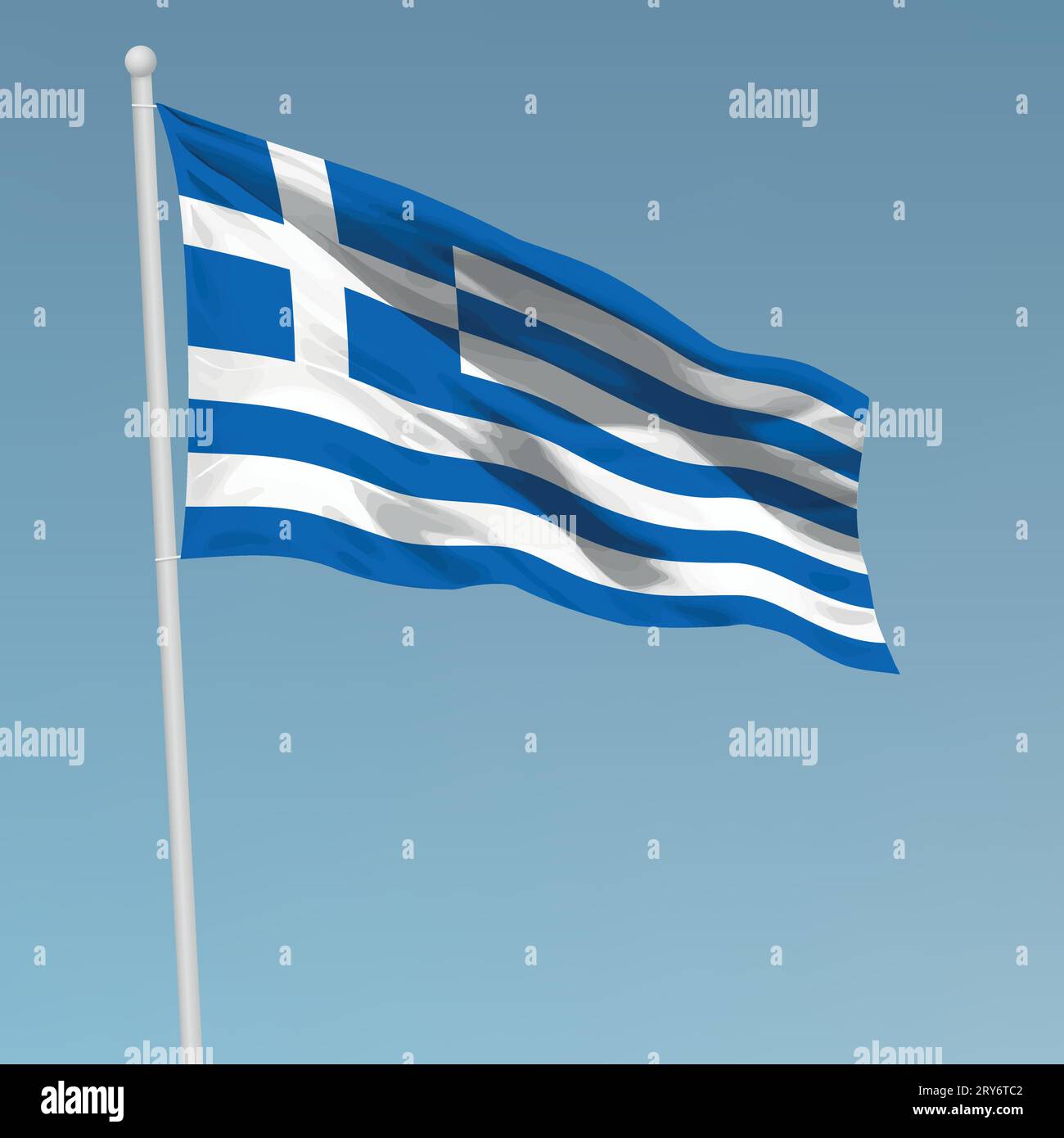 Waving flag of Greece on flagpole. Template for independence day poster design Stock Vector