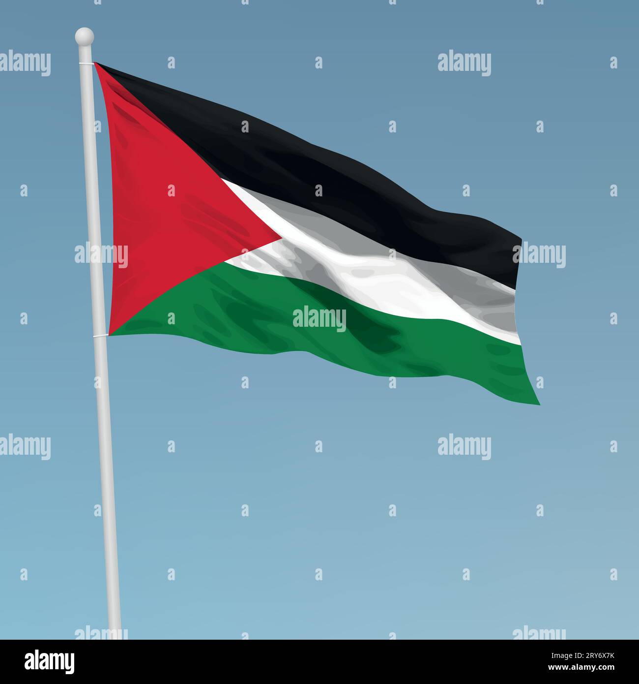 Waving flag of Palestine on flagpole. Template for independence day poster design Stock Vector