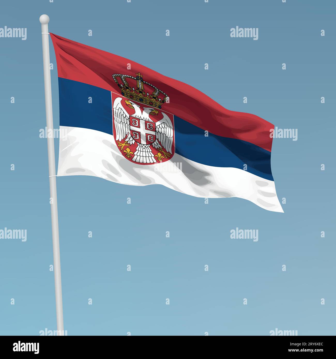 Waving flag of Serbia on flagpole. Template for independence day poster ...
