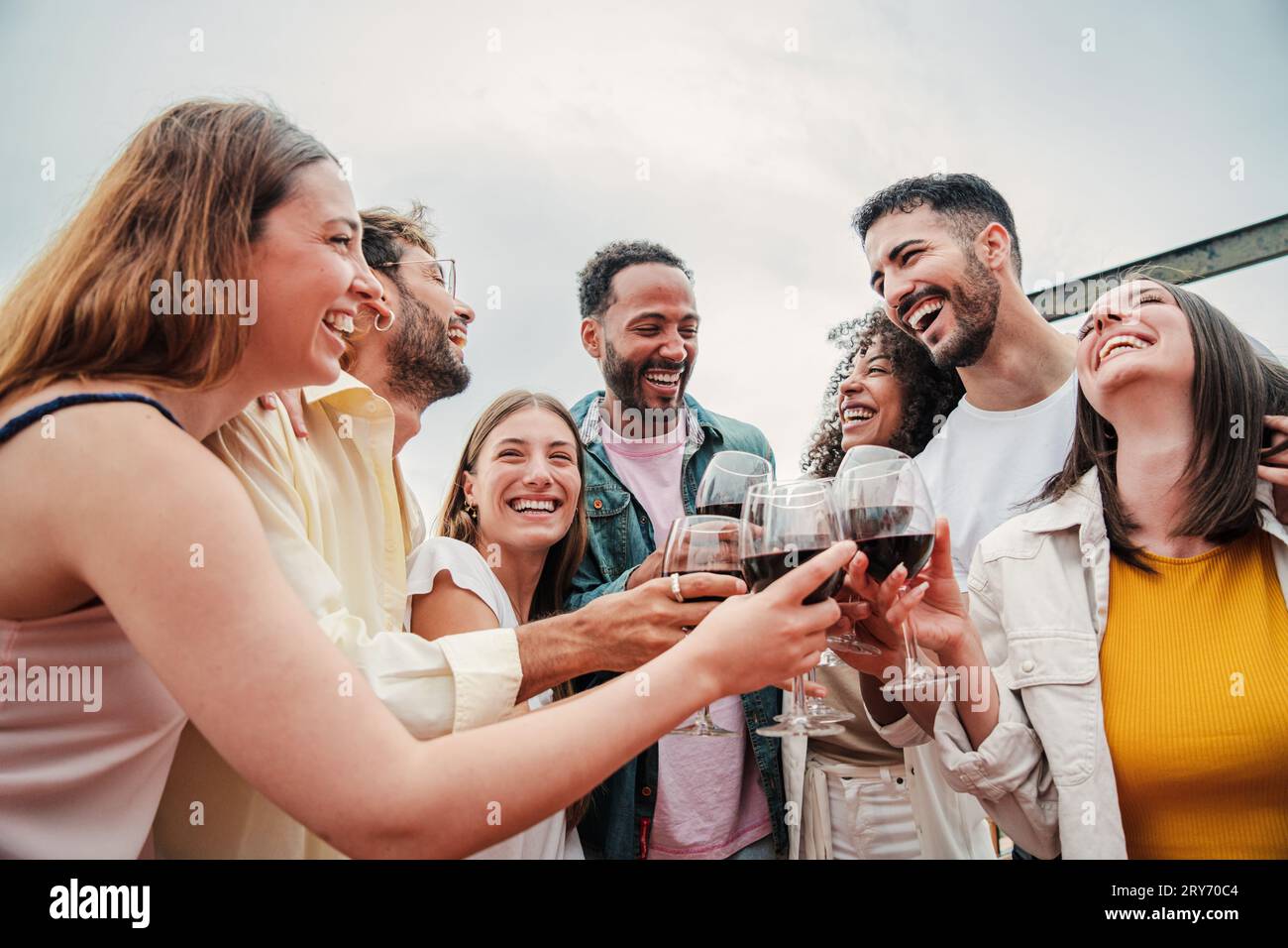 Group of young adult mates having fun toasting wine glasses and having fun on a party celebration. Friends talking, smiling and drinking redwine together at funny birthday enjoying their friendship. High quality photo Stock Photo