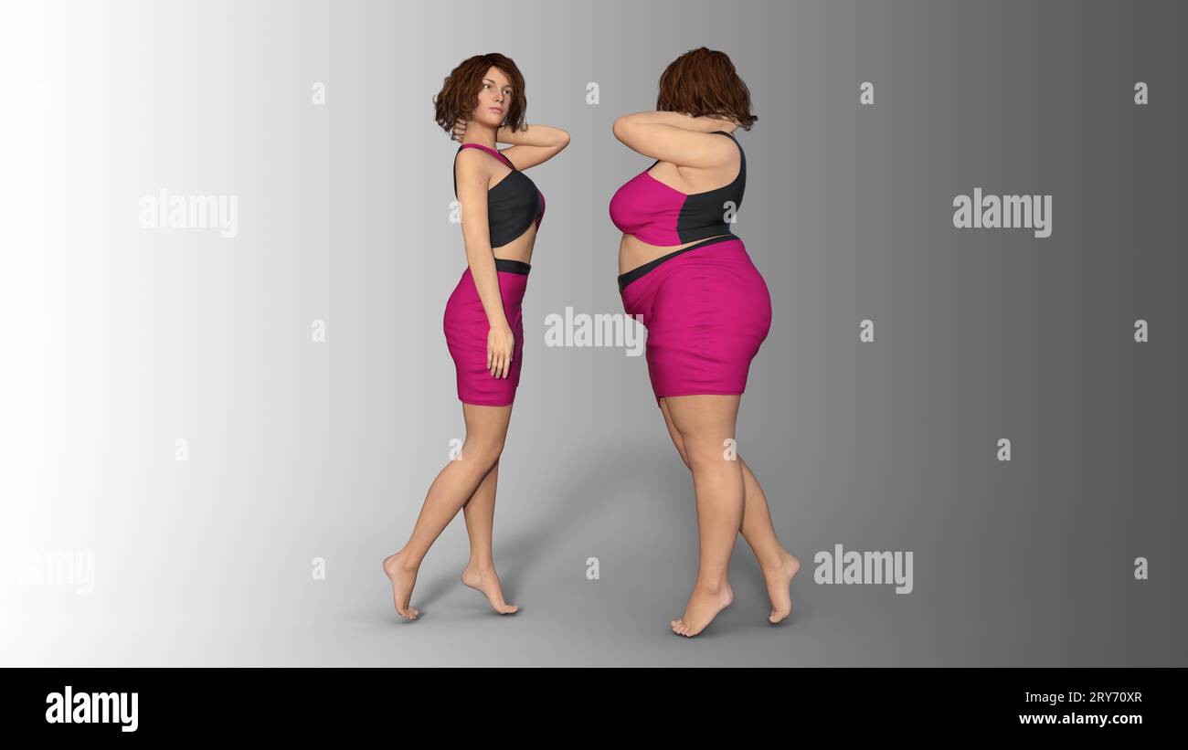 Conceptual fat overweight obese female vs slim fit healthy body after weight loss or diet with muscles thin young woman isolated. Stock Photo