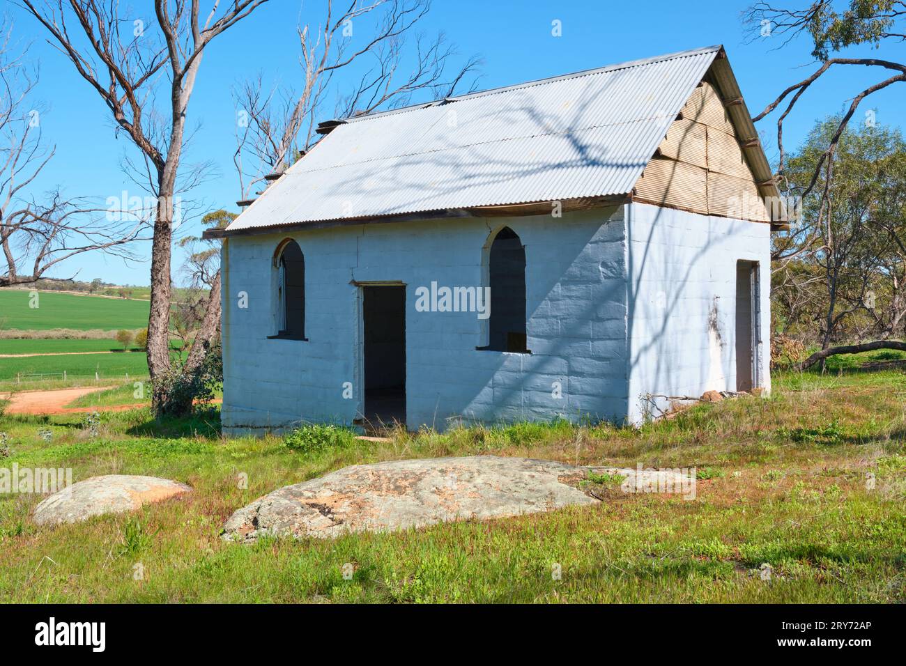 The abandoned building of the Mount Stirling Bush Church located at the side of Mount Stirling near Quairading, Wheatbelt region of Western Australia. Stock Photo