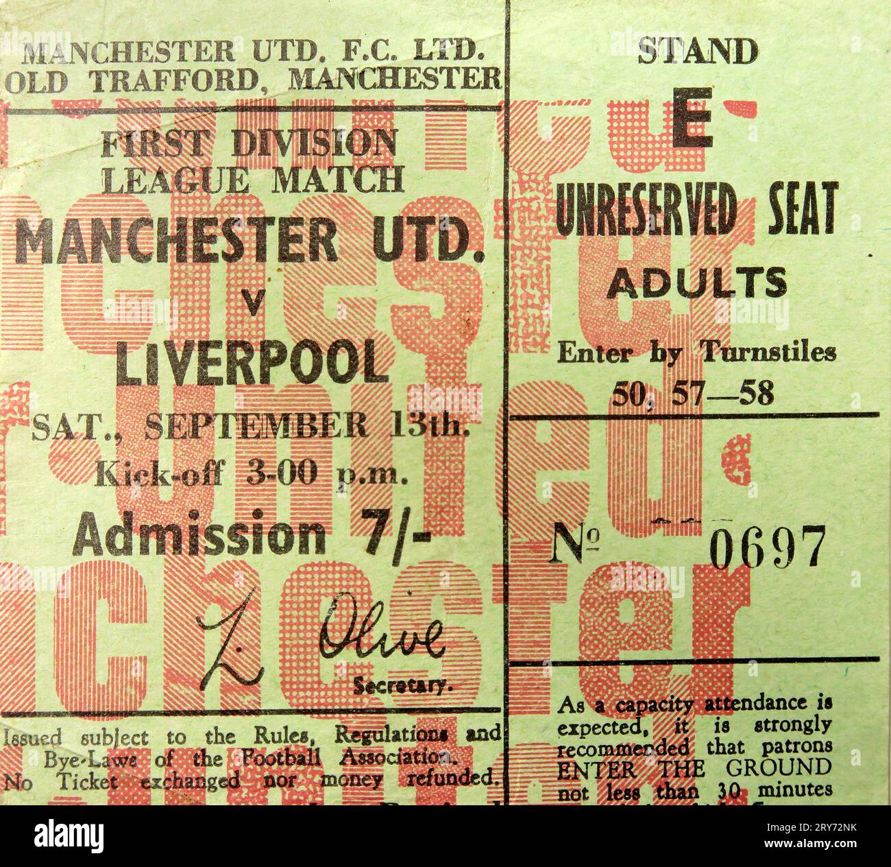 Manchester Unreserved Seating football ticket, MUFC v Liverpool LFC Saturday 13/09/1969 score was 1-0 - stubs, memorabilia Stock Photo