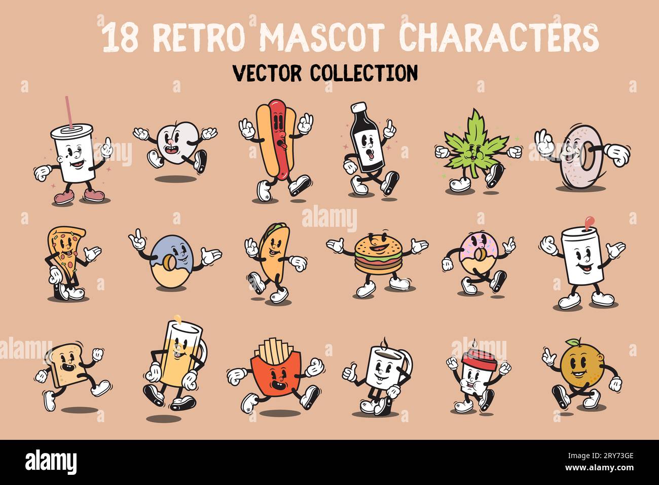 Vintage Mascot Funny Cartoon Characters Groovy Retro Cartoon Stickers Comic Style Characters Hippie 60s 70s 80s Vintage Food Cartoon Characters Retro Stock Vector