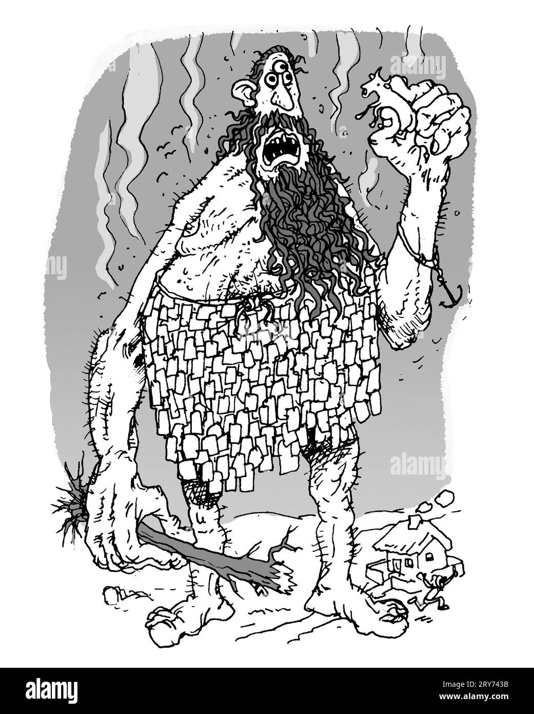 Black & white art of three-eyed giant Oxylus, holding a cow, tiny house in the background, folktales, fairy stories, Greek mythical creatures  daimon Stock Photo