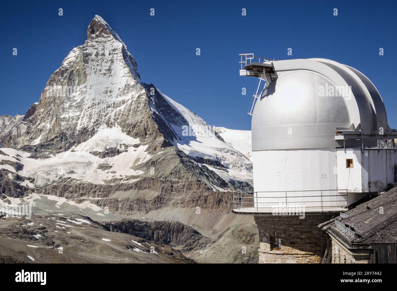 Observatory at Gornergrat with Matterhorn mountain, Zermatt, Alps, Switzerland Stock Photo