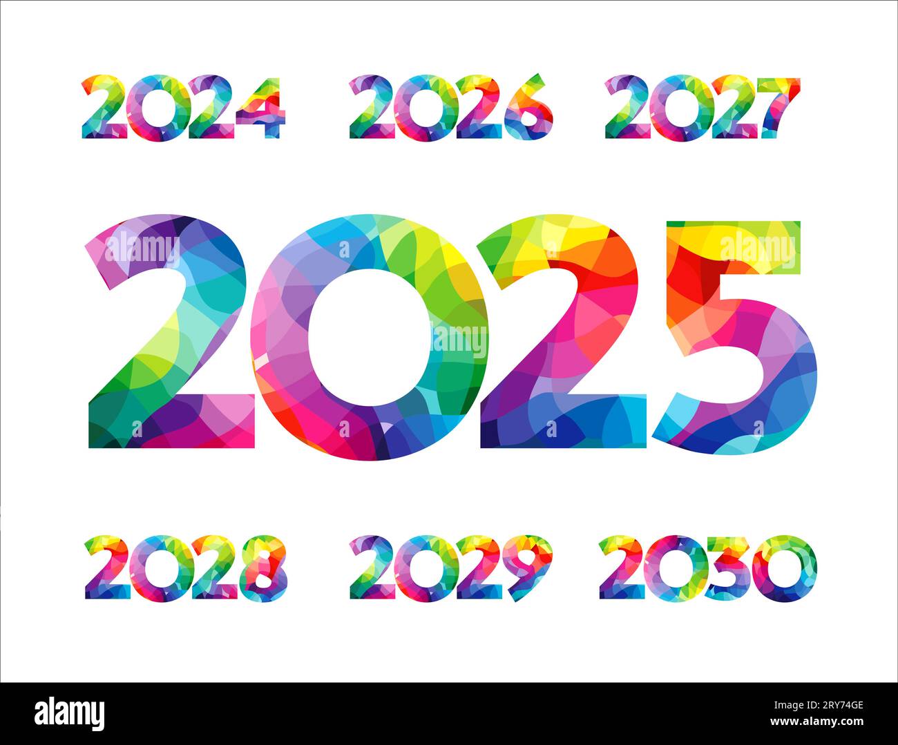 Set of colorful numbers from 2024 to 2030. Creative icons 2025, 2026, 2027, 2028 and 2029. Calendar or planner title. Business concept. Isolated stain Stock Vector