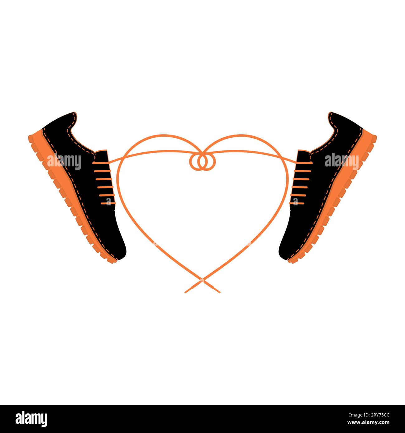 Two sneakers with long tangled shoelaces in shape heart. A pair of shoes with laces and heart. Men sport city footwear. City fashionable youth shoes. Stock Vector