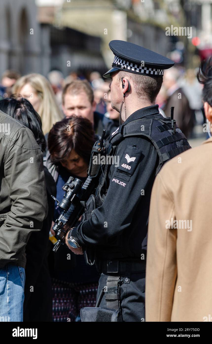 Armed police officer in London with tourists outside Horse Guards in Whitehall. People. Male Authorised firearms officer surrounded by public, on duty Stock Photo