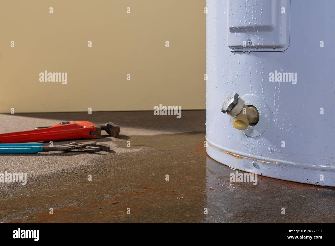Water leaking from a residential electric water heater with a couple