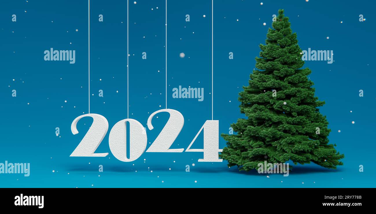 2024 Christmas tree. Elegant Christmas tree, 2024 numbers and snow on