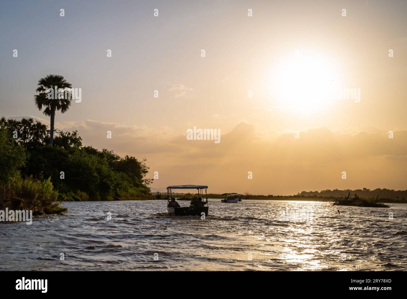 Boat safari on Rufiji River at Sunset in Tanzania Stock Photo