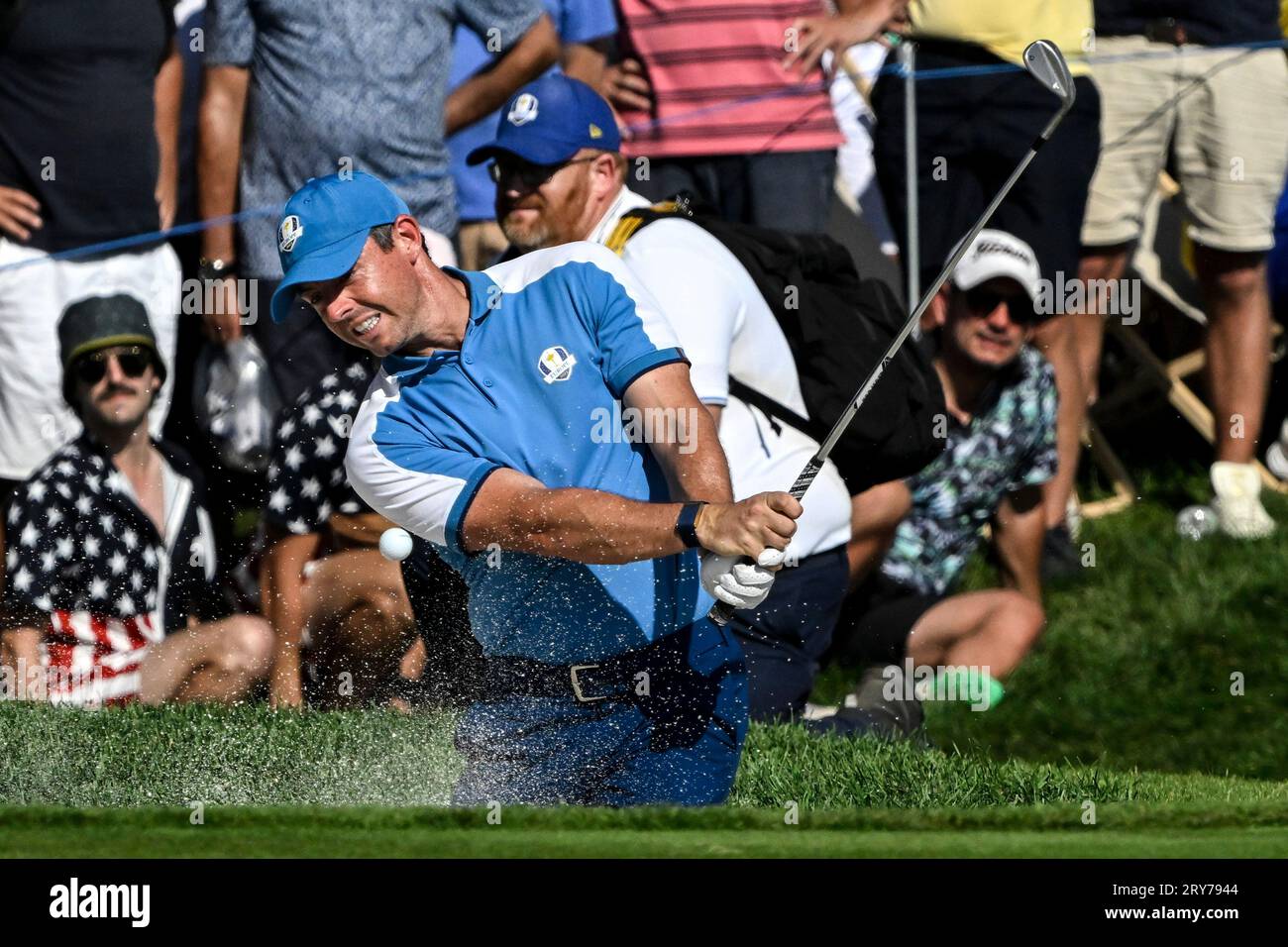 Roma, Italy. 29th Sep, 2023. Rory McIlroy of Great Britain plays on the 8th hole during the fourball matches of the 2023 Ryder Cup at Marco Simone Golf and Country Club in Rome, (Italy), September 29th, 2023. Credit: Insidefoto di andrea staccioli/Alamy Live News Stock Photo