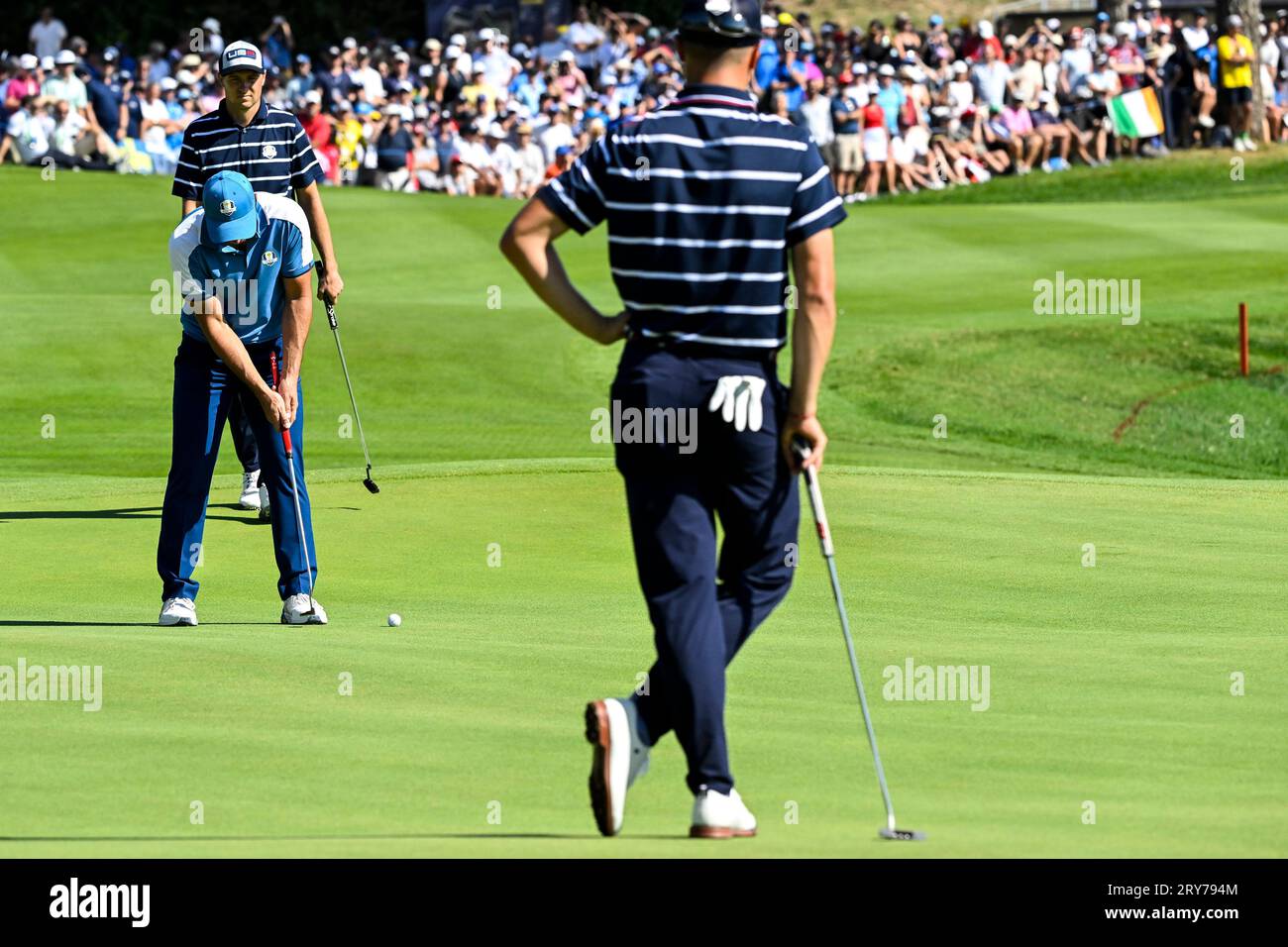 Roma, Italy. 29th Sep, 2023. Viktor Hovland of Norway plays on the 8th hole during the fourball matches of the 2023 Ryder Cup at Marco Simone Golf and Country Club in Rome, (Italy), September 29th, 2023. Credit: Insidefoto di andrea staccioli/Alamy Live News Stock Photo