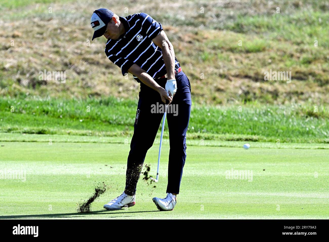 Roma, Italy. 29th Sep, 2023. Jordan Spieth of United States plays on the 8th hole during the fourball matches of the 2023 Ryder Cup at Marco Simone Golf and Country Club in Rome, (Italy), September 29th, 2023. Credit: Insidefoto di andrea staccioli/Alamy Live News Stock Photo