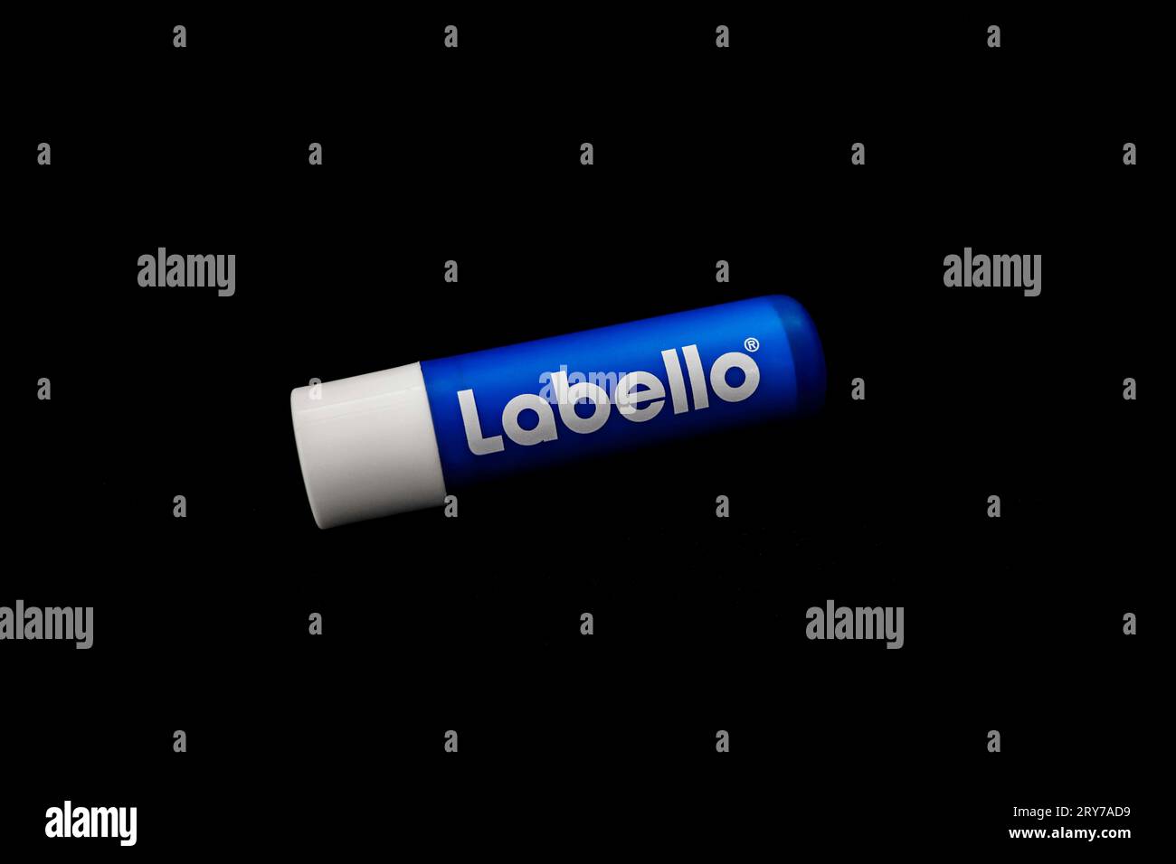 Labello Original moisturizing lip balm sticks isolated on black background Stock Photo