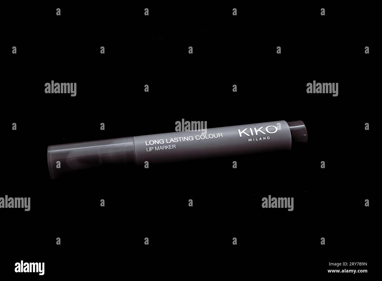 Black and white Long Lasting Colour Lip Marker by Kiko Milano, an Italian professional cosmetics brand isolated on black background Stock Photo