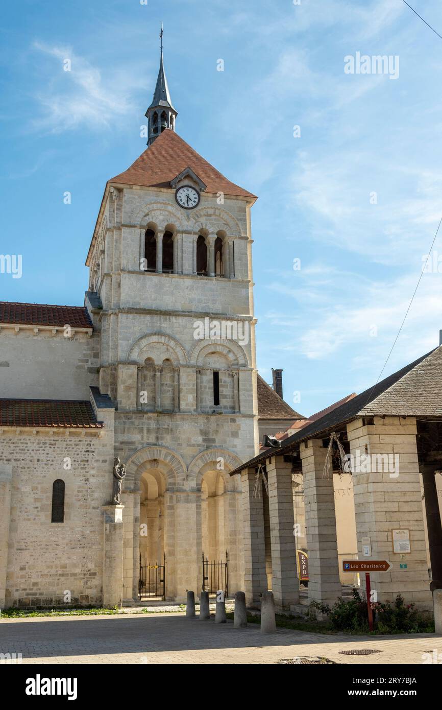 Ebreuil village, Saint-Leger benedictine abbey, abbey church from the 10th century, Allier department, Auvergne-Rhone-Alpes, France Stock Photo