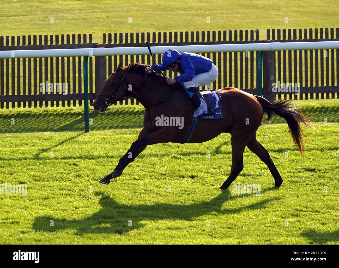 Broadway Act ridden by William Buick Al Basti Equiworld, Dubai British EBF 'Confined' Maiden Stakes Division II during day Two of the Cambridgeshire Meeting at Newmarket Racecourse. Picture date: Friday September 29, 2023. Stock Photo