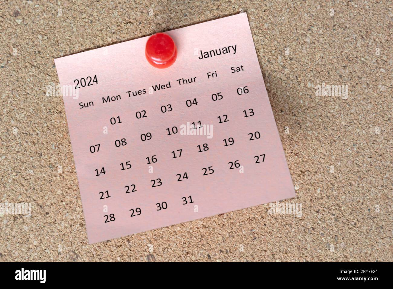 January 2024 calendar on sticky note. Reminder and message concept