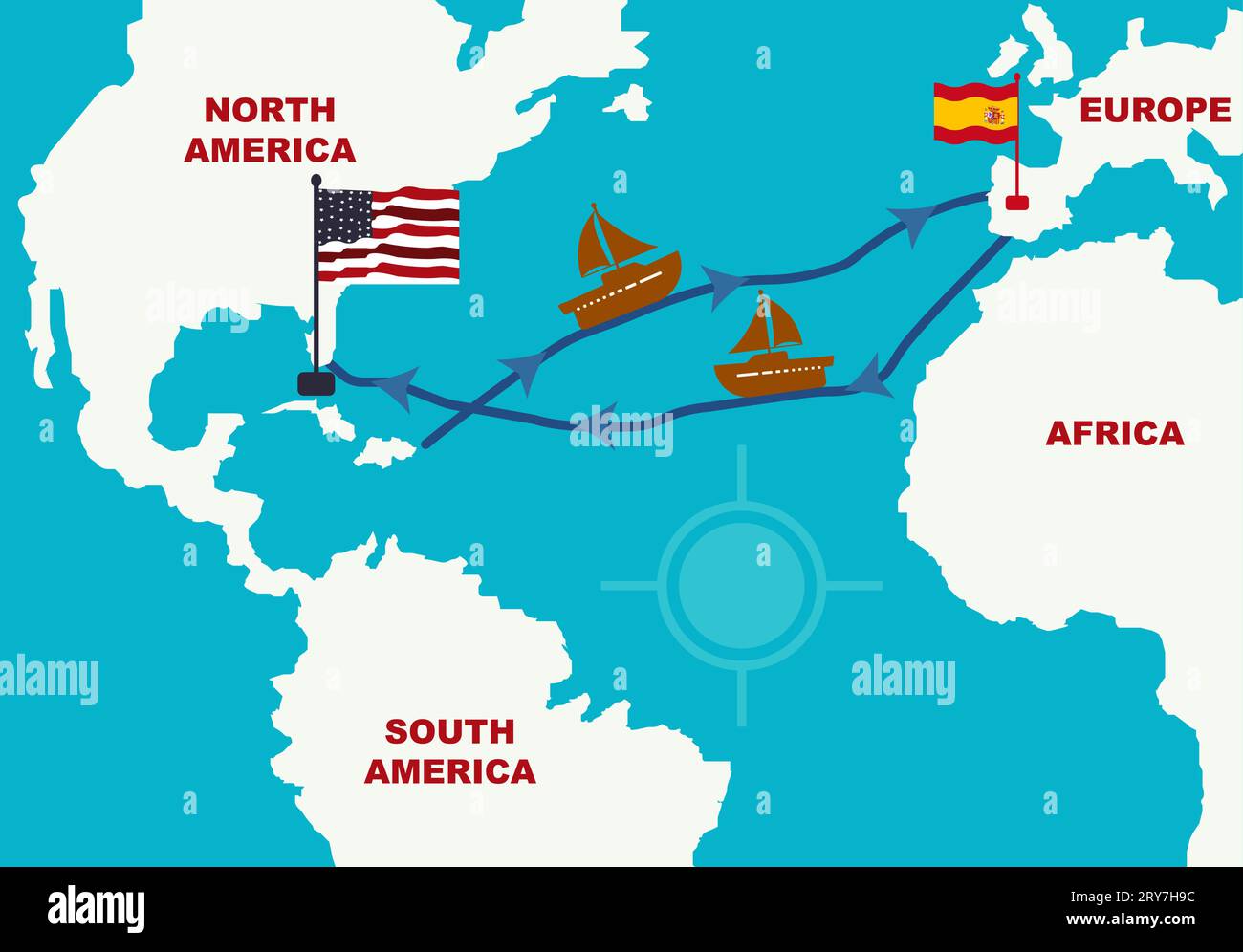 Columbus Routes Map from Europe to America. World Map With Columbus Route Sailing ship. Columbus Day Infographic Discovery of America. Spain to Americ Stock Vector