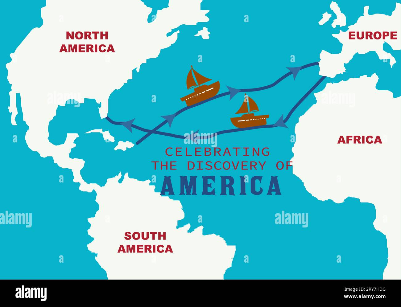 Columbus Routes Map from Europe to America. World Map With Columbus Route Sailing ship. Columbus Day Infographic Discovery of America. Spain to Americ Stock Vector