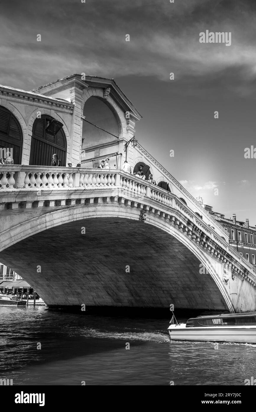 Italian Cultural Gems: View of Rialto Bridge in Black and White, Venice Art Print for Travel Lovers Stock Photo