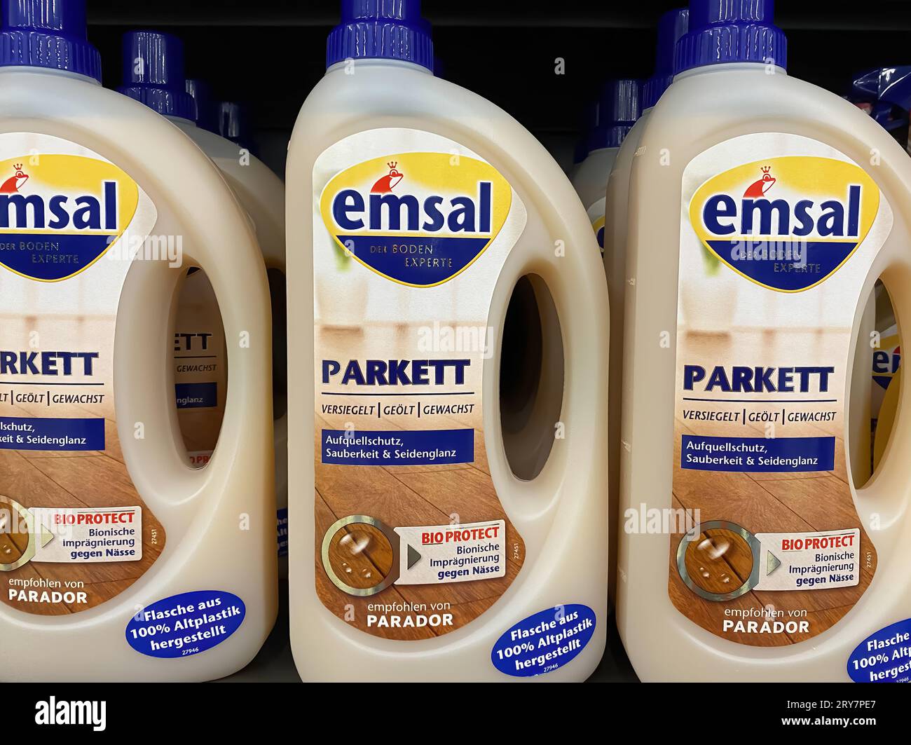 Viersen, Germany - September 9, 2023: Closeup of bottles Emsal parquet floor clean and care detergent Stock Photo