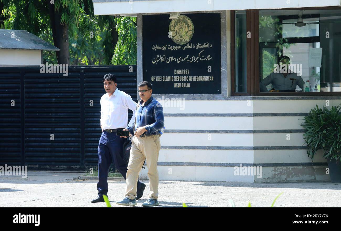 New Delhi, India. 29th Sep, 2023. People seen outside the embassy of the Islamic Republic of Afghanistan in New Delhi. Afghanistan embassy expected to close down by 30th September 2023. Two years after the Taliban took over Kabul. The Afghanistan embassy has informed India that it is being forced to close down because of the lack of cooperation from the Taliban government and New Delhi. The decision was conveyed in an unsigned Note Verbally to the Ministry of External Affairs this week. Credit: SOPA Images Limited/Alamy Live News Stock Photo